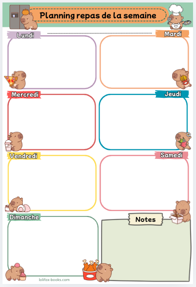 Planning des menus de la semaine A5 Capybara