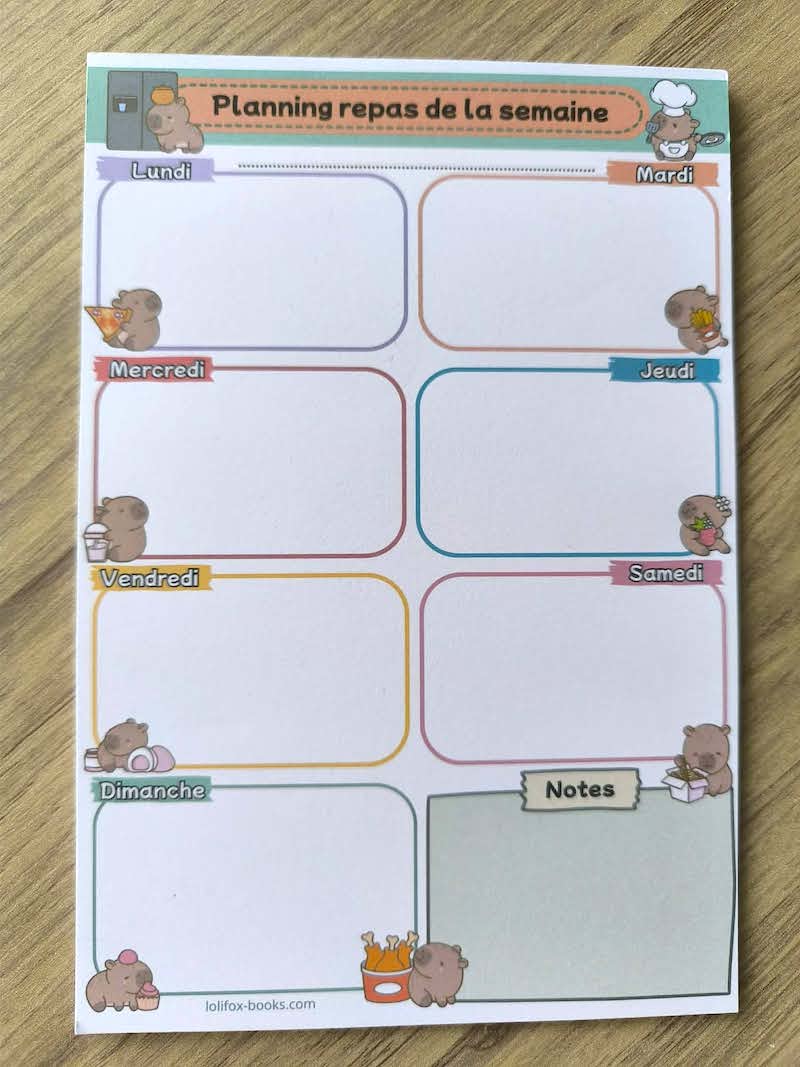 Planning des menus de la semaine A5 Capybara